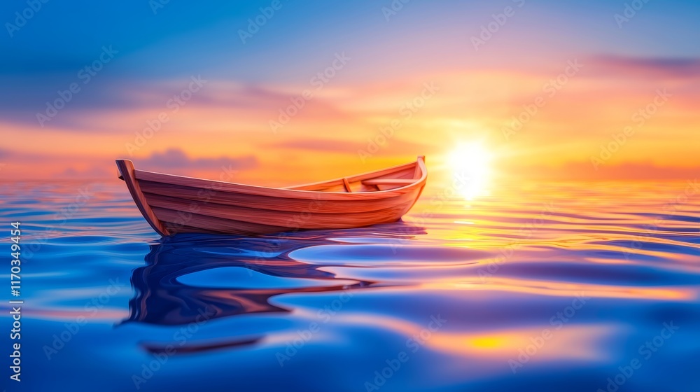 Wooden Boat Floating Over Crystal-Clear Ocean Wooden Boat Floating Over Crystal-Clear Ocean