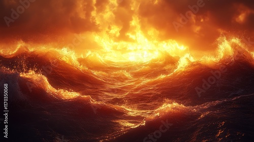 Fiery ocean waves and sunset. photo