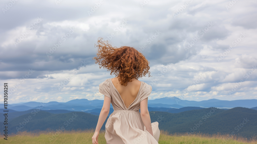 Obraz premium Girl in harmony with nature under a dramatic sky