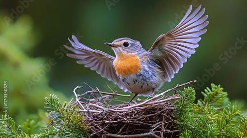Young bird takes its first brave flight from the safety of its nest amidst lush greenery
