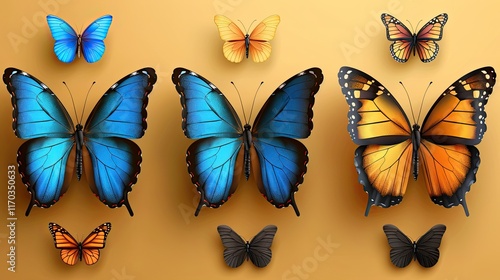 Colorful butterflies collection; blue morpho, monarch, orange and black butterflies isolated on golden background. photo