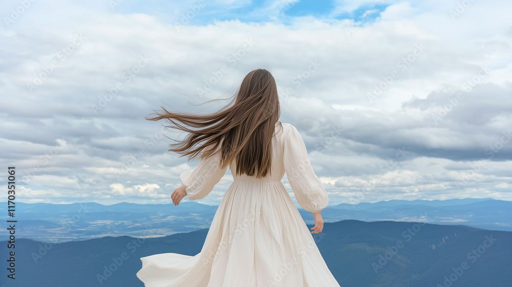 Flying hair and flowing dress under a dramatic cloudy sky Flying hair and flowing dress under a dramatic cloudy sky