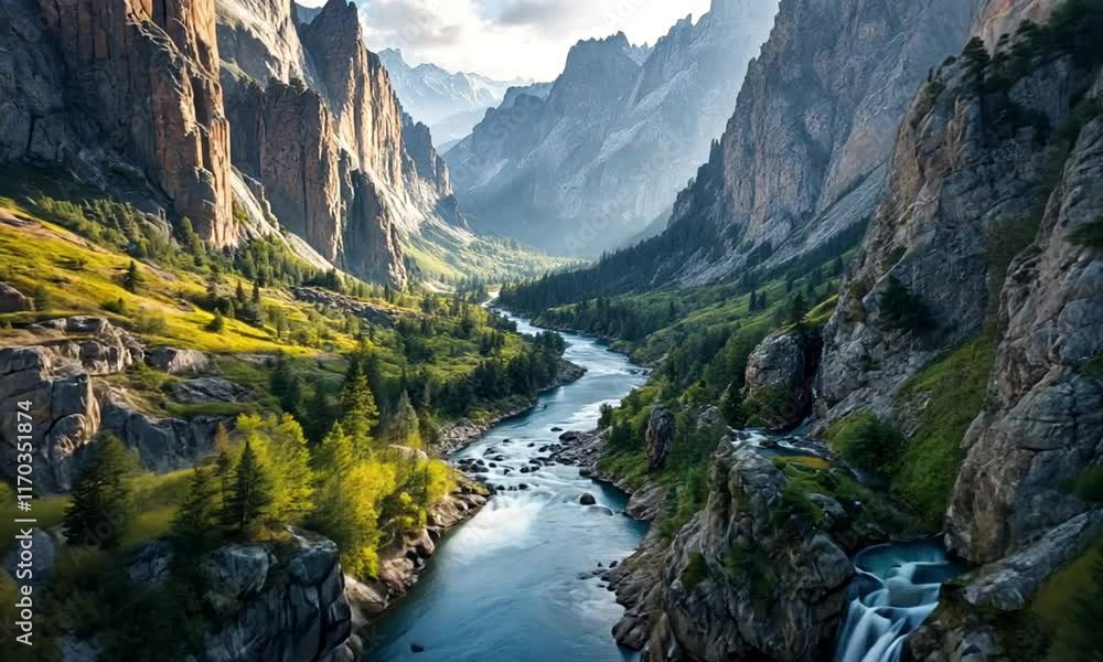 Aerial view of A mountain river flowing through a valley surrounded by tall mountains. Videos Gratis Backgorunds Aerial view of A mountain river flowing through a valley surrounded by tall mountains. Videos Gratis Backgorunds