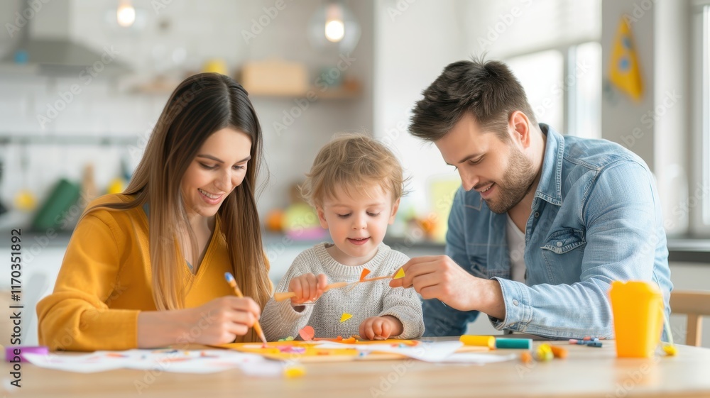 A happy family engages in creative play with a child, using colorful art materials on a table in a bright, modern kitchen. A happy family engages in creative play with a child, using colorful art materials on a table in a bright, modern kitchen.