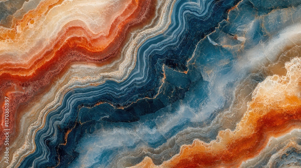Obraz premium Mesmerizing Agate: Abstract Art of Nature's Canvas. Swirls of blue and orange mineral formations create a captivating display of Earth's artistry.