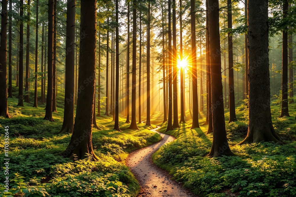 Fototapeta premium A peaceful forest with tall trees and sunlight streaming through, illuminating a winding path amidst green foliage. Concept of tranquility and nature. Ai generative