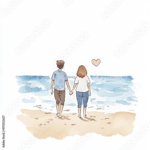 Romantic couple holding hands at the beach watercolor illustration clipart ocean view serene environment love concept for digital art photo