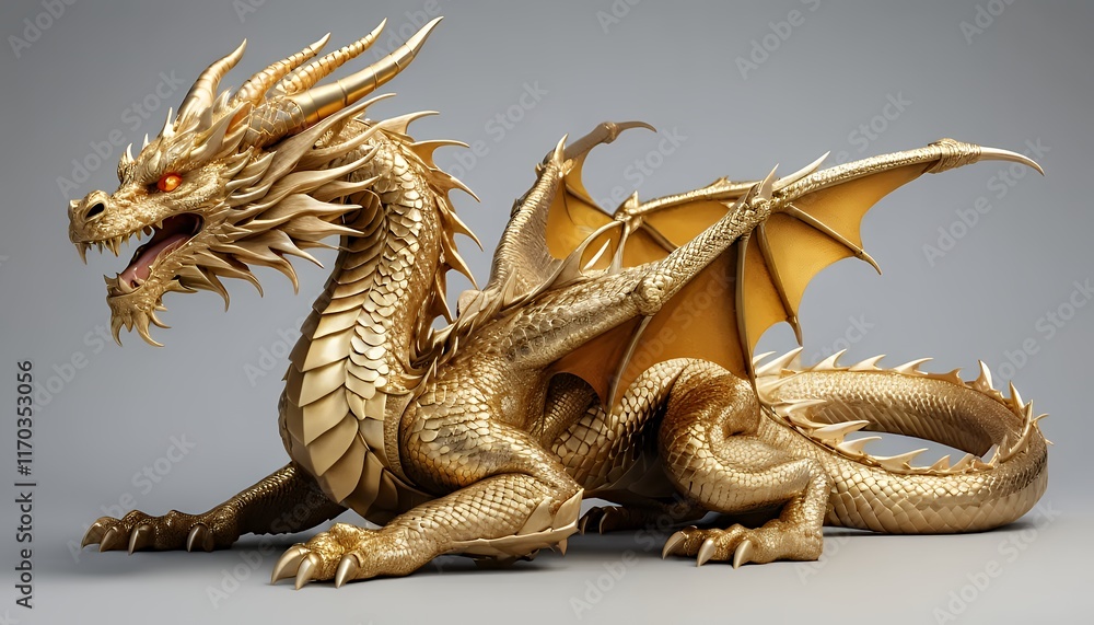 Fototapeta premium A highly detailed and majestic golden dragon with intricate scales and glowing eyes, depicted on a plain neutral background