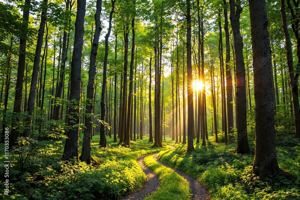 Sunlit forest with a winding dirt path surrounded by tall green trees, rays of sunlight piercing through foliage, light and natural atmosphere. Ai generative Sunlit forest with a winding dirt path surrounded by tall green trees, rays of sunlight piercing through foliage, light and natural atmosphere. Ai generative
