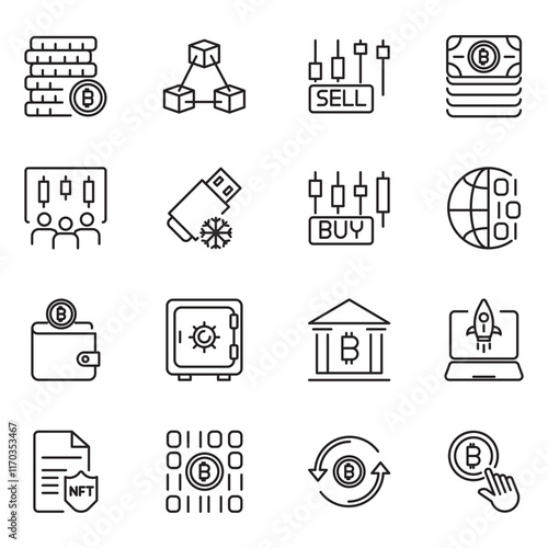 
Cryptocurrency set of web icons in line style. Crypto technology and Blockchain icons for web and mobile app. Crypto currency, bitcoin, NFT, technology, decentralized finance, encryption