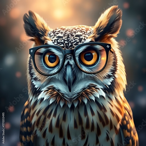 Glasses-wearing owl with a stunning background, highly detailed and visually captivating photo