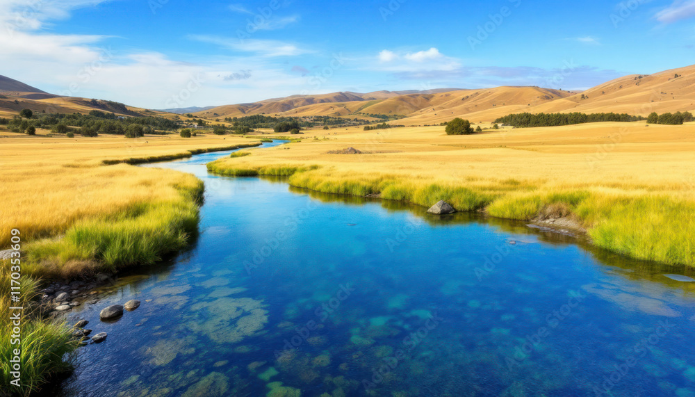 Fototapeta premium Serene River Winding Through Golden Fields Under a Blue Sky