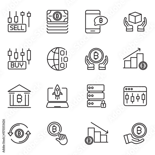 Cryptocurrency set of web icons in line style. Crypto technology and Blockchain icons for web and mobile app. Crypto currency, bitcoin, NFT, technology, decentralized finance, encryption, token