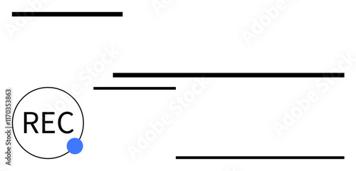 Circular REC button with blue dot alongside horizontal black lines resembling a recording interface. Ideal for media, audio, tech UI, minimalism, creativity, clarity, abstract line flat metaphor