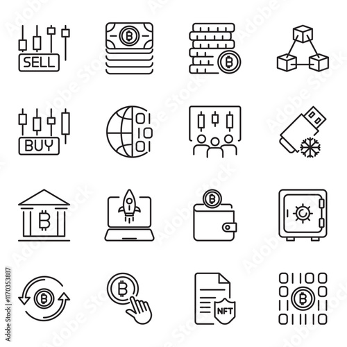 Cryptocurrency set of web icons in line style. Crypto technology and Blockchain icons for web and mobile app. Crypto currency, bitcoin, NFT, technology, decentralized finance, encryption, token