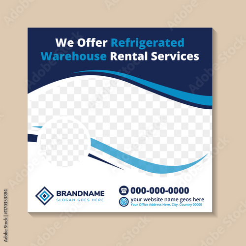 we offer refrigerated warehouse rental services banner template. shipping cargo industry poster leaflet design. transport service on square layout. cover, print ready