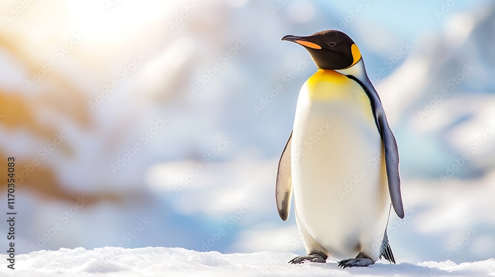 Fototapeta premium Majestic emperor penguin standing on snow in bright sunlight, Antarctic wildlife.