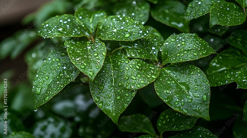 Fototapeta premium Vibrant Green Leaves with Sparkling Water Droplets,Symbolizing Nature's Rejuvenation