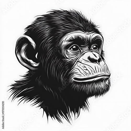 Detailed black and white chimpanzee face drawing. photo