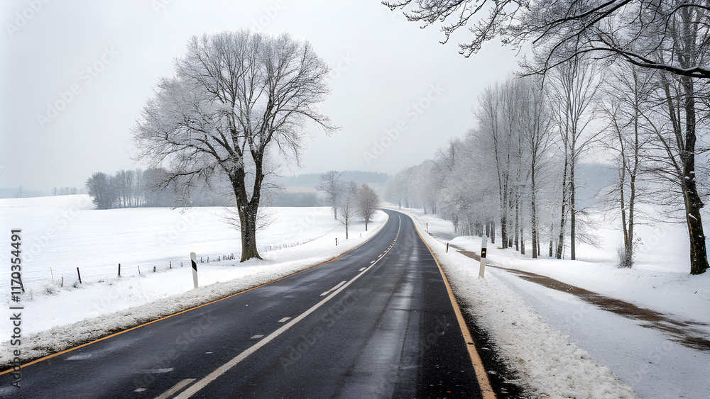 Empty snow covered road stretches through a tranquil, background Empty snow covered road stretches through a tranquil, background
