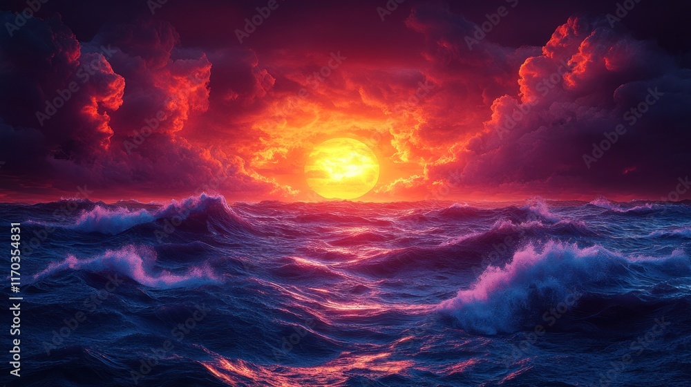 Naklejka premium Fiery sunset over dramatic ocean waves. (1)