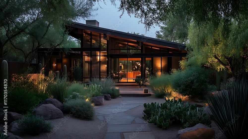 Fototapeta premium modern desert home surrounded by cacti