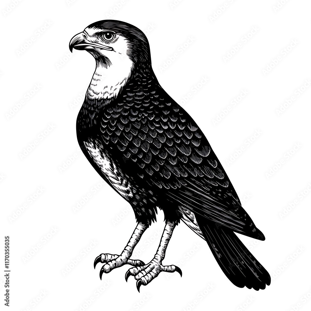 Obraz premium Caracara bird, detailed black and white, full body.