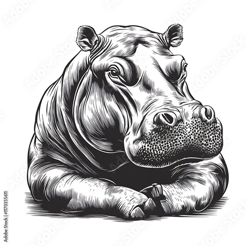 Detailed black and white hippo illustration with lines. photo