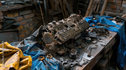 Rusty Engine Block in a Messy Workshop