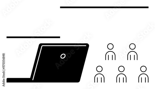 Laptop facing six simplified figures representing meeting participants interacting virtually. Ideal for themes of online communication, webinars, teamwork, remote work, digital collaboration, virtual