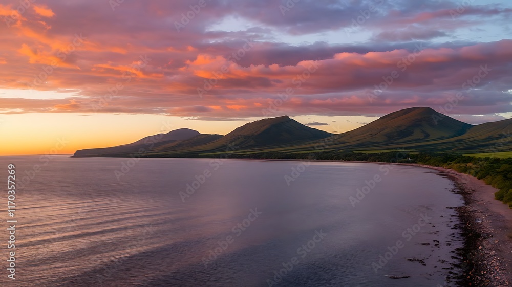 An aerial beautiful shot of a seashore with hills on the background at sunset - AI Generative An aerial beautiful shot of a seashore with hills on the background at sunset - AI Generative