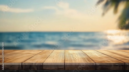 Empty wooden tabletop with blurred sea and beach in the background,Summer vacation concept.Blank space for product display