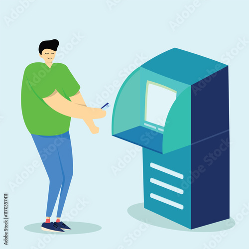 Man withdraws money from ATM machine flat vector illustration
