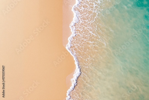 Top view of soft waves meeting sandy beach and turquoise water. Minimalistic and serene scene on a natural background. Concept of calmness. Ai generative