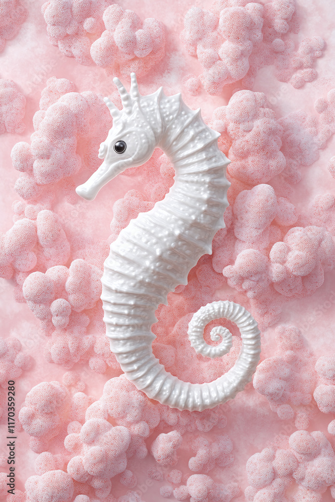 Fototapeta premium Delicate White Seahorse in a Pink Cloud