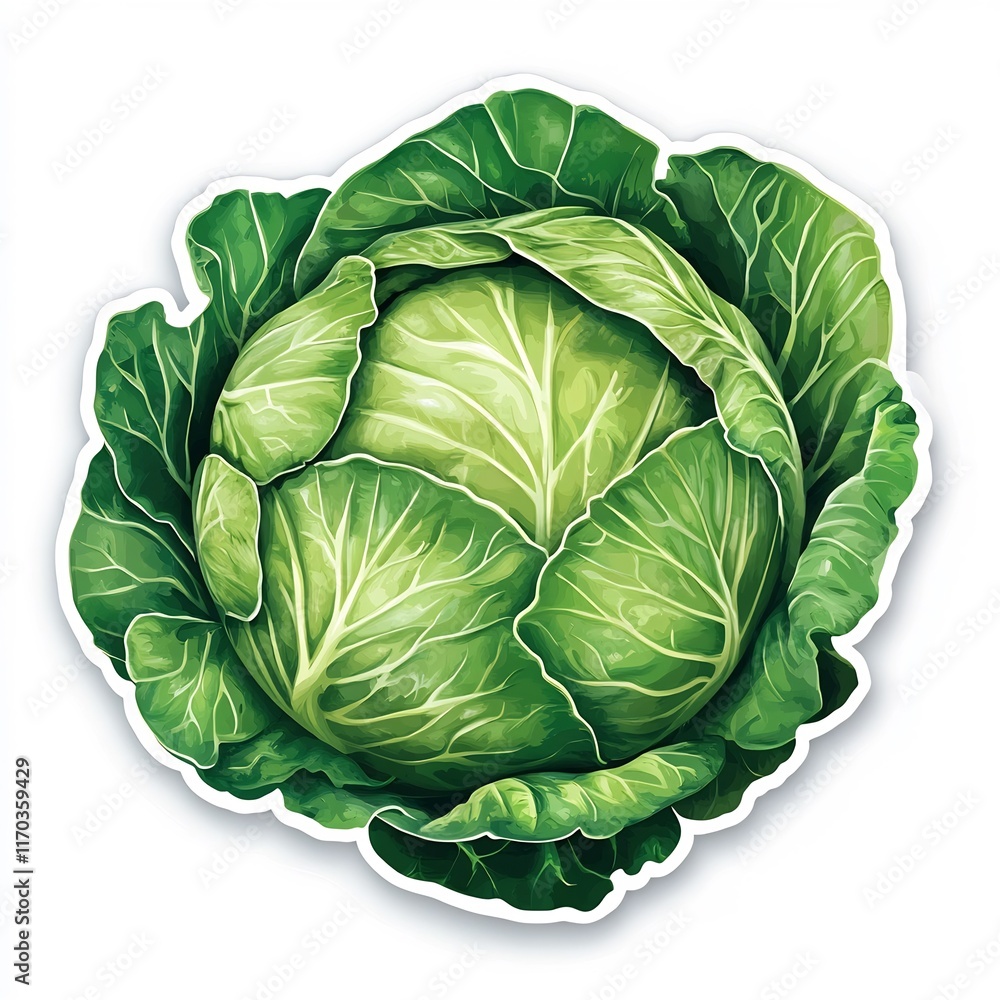 Fototapeta premium Detailed of a green cabbage head on a white background showcasing its fresh organic and healthy