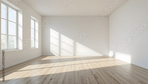 Wallpaper Mural A 3D rendering of a minimalist interior design featuring a white empty room with wood laminate flooring, sunlit walls casting shadows, and a perspective that highlights simplicity and spaciousness Torontodigital.ca