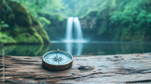 Compass on wooden log with waterfall in lush forest background photo