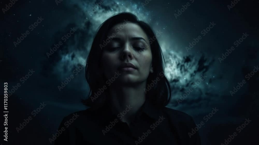 a calm woman meditating eyes closed, person in the night, focused person a calm woman meditating eyes closed, person in the night, focused person