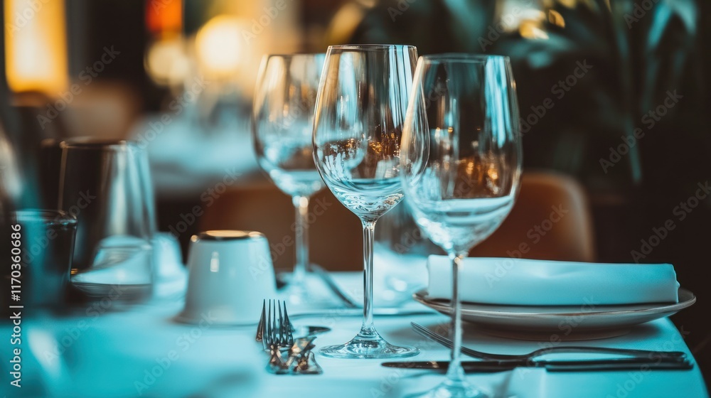 Elegant Restaurant Table Setting with Crystal Wine Glasses Elegant Restaurant Table Setting with Crystal Wine Glasses