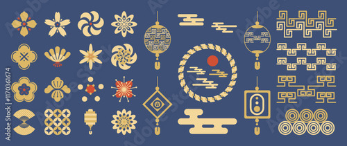 Happy Chinese and Japanese New Year 2025 Icons vector set. Chinese Lanterns, firework, fan, cloud, coin, cherry blossom flower. Oriental Icons of Asian Lunar New Year holiday decoration vector.