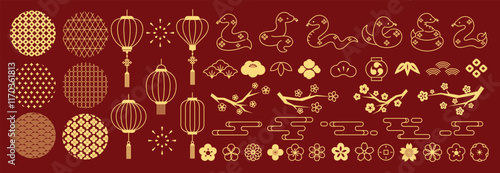 Happy Chinese and Japanese New Year 2025 Icons vector set. Cherry blossom flower branch, snake, flower, pattern, lantern, firework. Oriental Icons of Asian Lunar New Year holiday decoration vector.