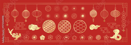 Happy Chinese and Japanese New Year 2025 Icons vector set. Koi carp fish, snake, flower, pattern, cloud, lantern, firework, coin. Oriental Icons of Asian Lunar New Year holiday decoration vector.