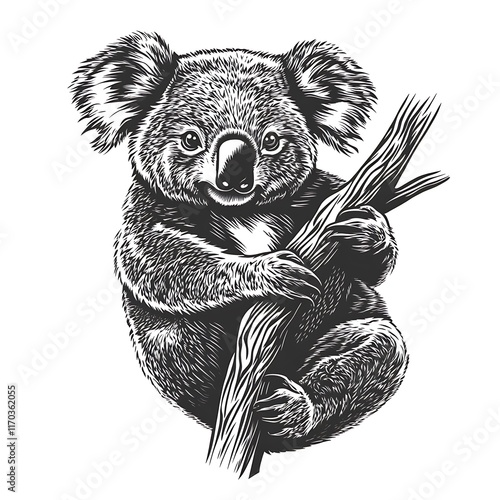 Detailed drawing of a koala on a branch. photo