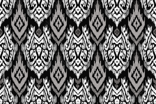 abstract tribal feather seamless pattern, Seamless black blue and white color, Ikat Ogee Background Pattern, Seamless Ikat Chevron Background Pattern.