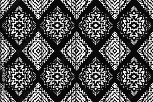 abstract tribal feather seamless pattern, Seamless black blue and white color, Ikat Ogee Background Pattern, Seamless Ikat Chevron Background Pattern.