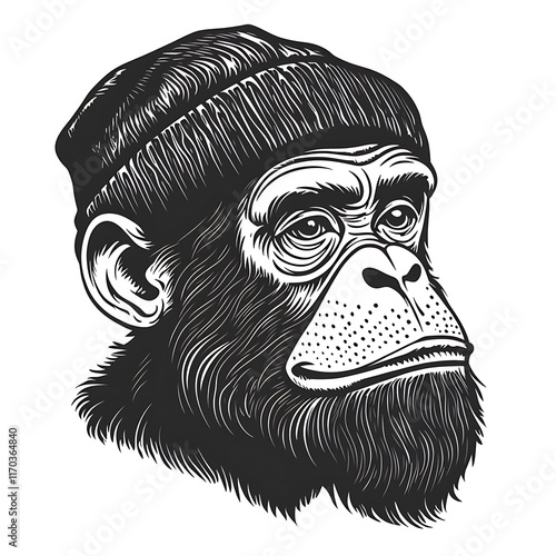 Black and white monkey head portrait wearing beanie. photo