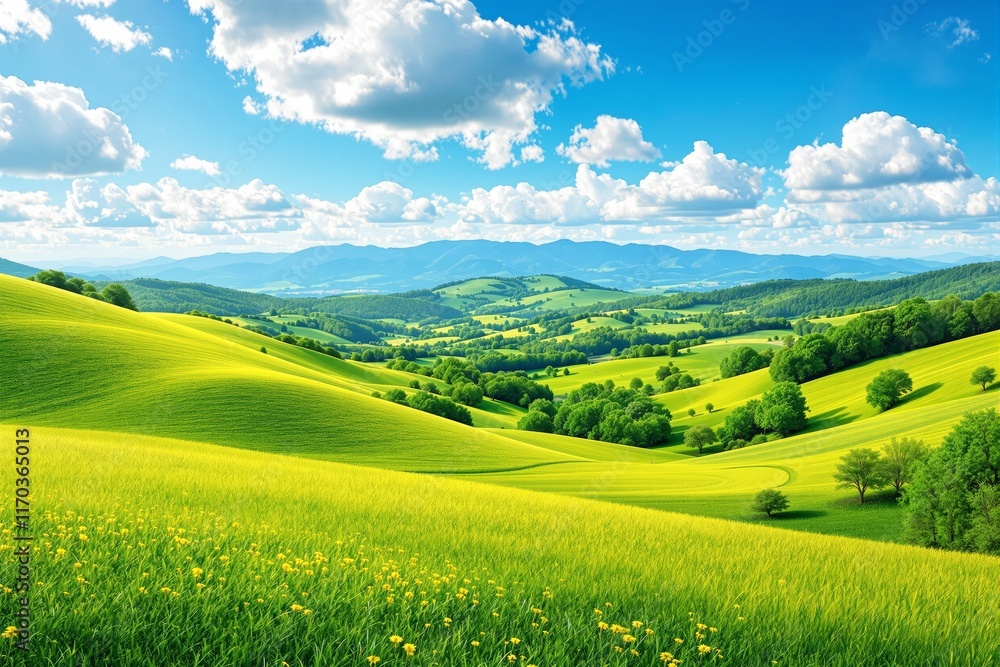 Fototapeta premium Scenic green hills and meadows with scattered trees, under a vivid blue sky with fluffy white clouds. Idyllic countryside concept. Ai generative