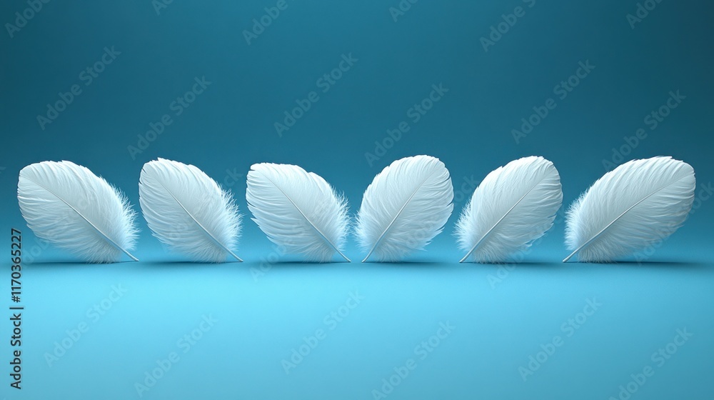 Naklejka premium Five white feathers in a row on blue background.