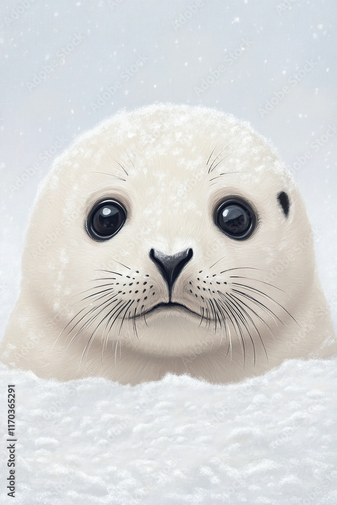 Obraz premium Snowy Baby Seal Portrait - Adorable Wildlife